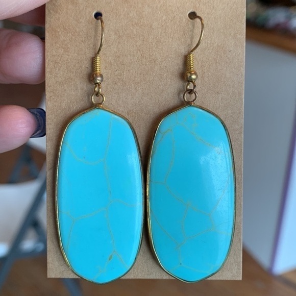 Southwestern faux sliced turquoise stone gold tone oblong statement dangled - Picture 1 of 9
